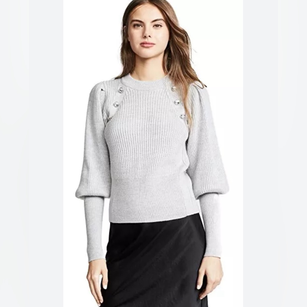 Veronica Beard Jude Merino Wool Ribbed Crystal Button Puff Sleeve Sweater Flaw